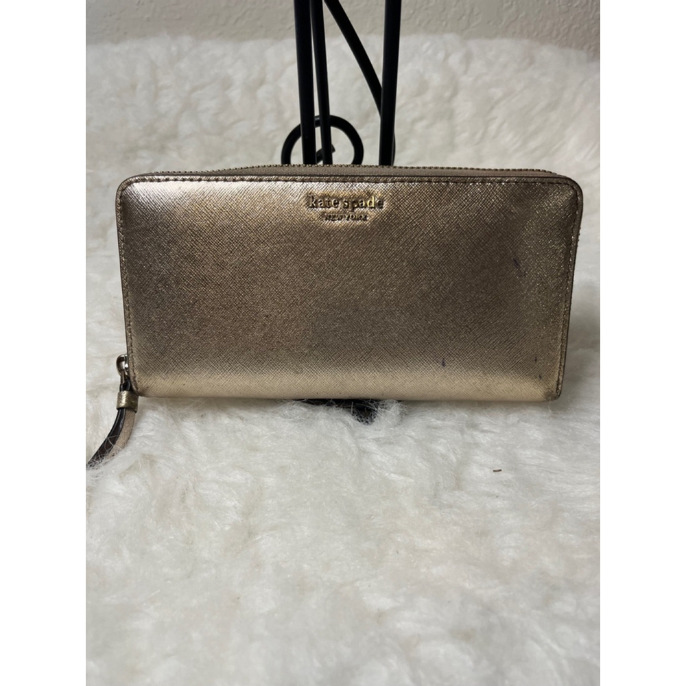 Kate Spade New York Metallic Gold Leather Spencer Zip Around Lacey Wallet